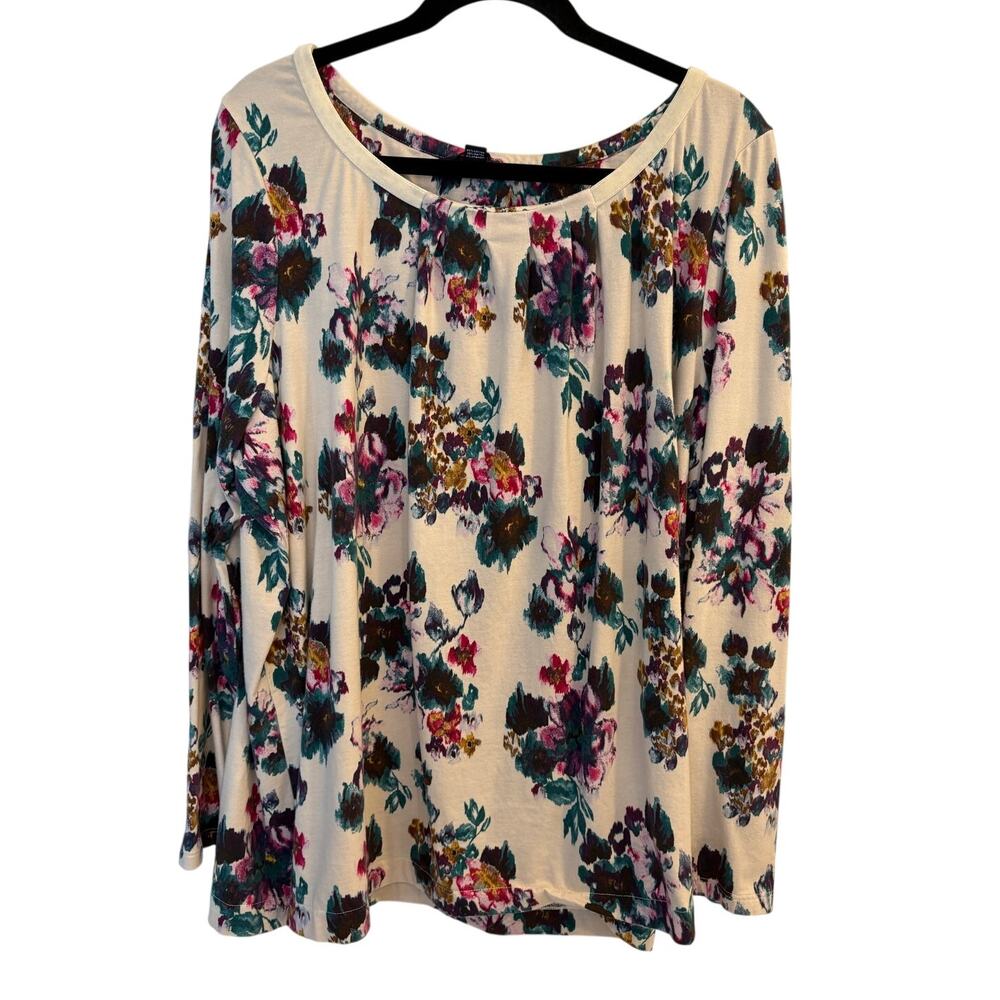 Lands' End Cream Floral Scoop Neck Long Sleeve Blouse